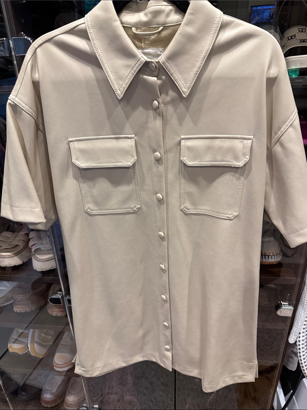Avec Les Filles Cream Short-Sleeve Button Front Mini Dress